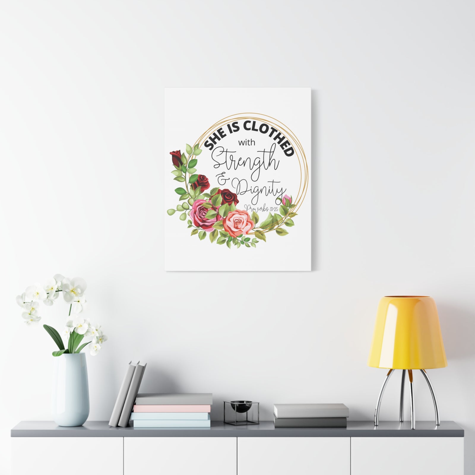 Scripture Walls Proverbs 31:25 Strength and Dignity Floral Wreath Bible Verse Canvas Christian Wall Art Ready to Hang Unframed-Express Your Love Gifts