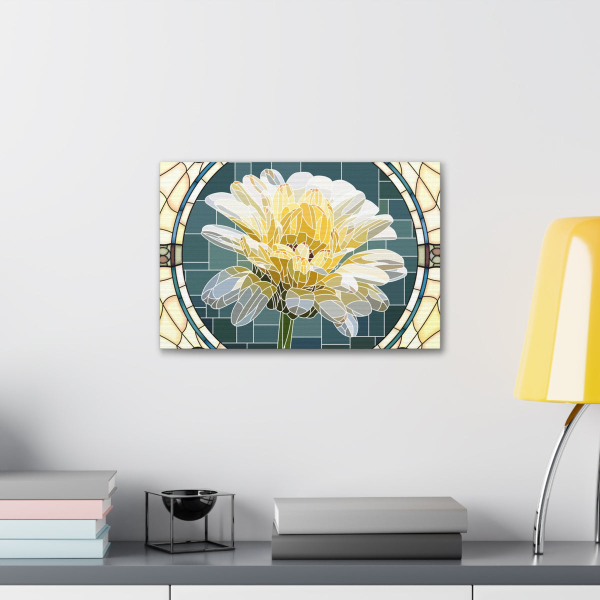 White Calendula Flower Mosaic In Stained Glass Canvas Wall Art for Home Decor Ready-to-Hang-Express Your Love Gifts