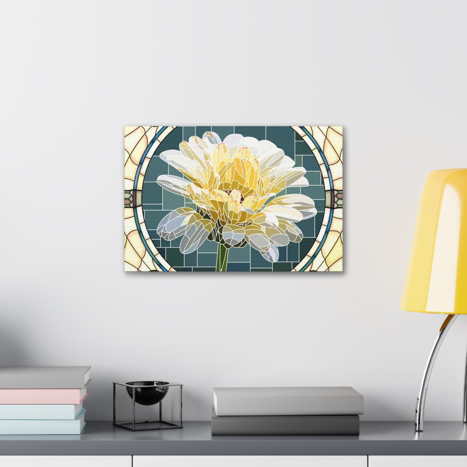White Calendula Flower Mosaic In Stained Glass Canvas Wall Art for Home Decor Ready-to-Hang-Express Your Love Gifts