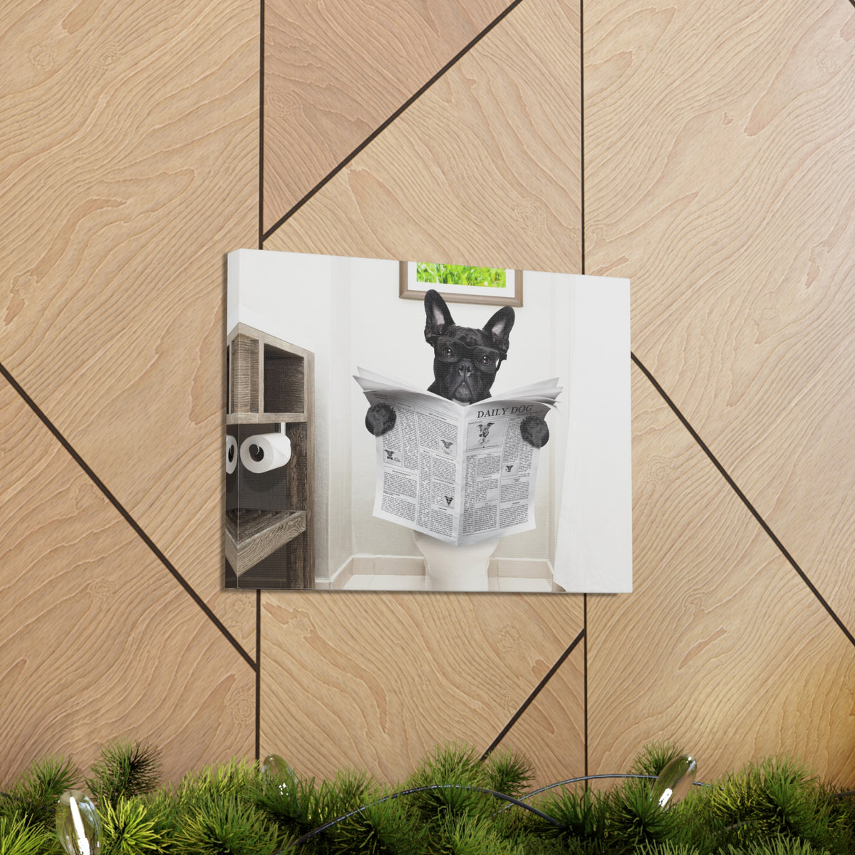 French Bulldog Reading Newspaper On Toilet Funny Canvas Wall Art for Home Decor Ready-to-Hand-Express Your Love Gifts
