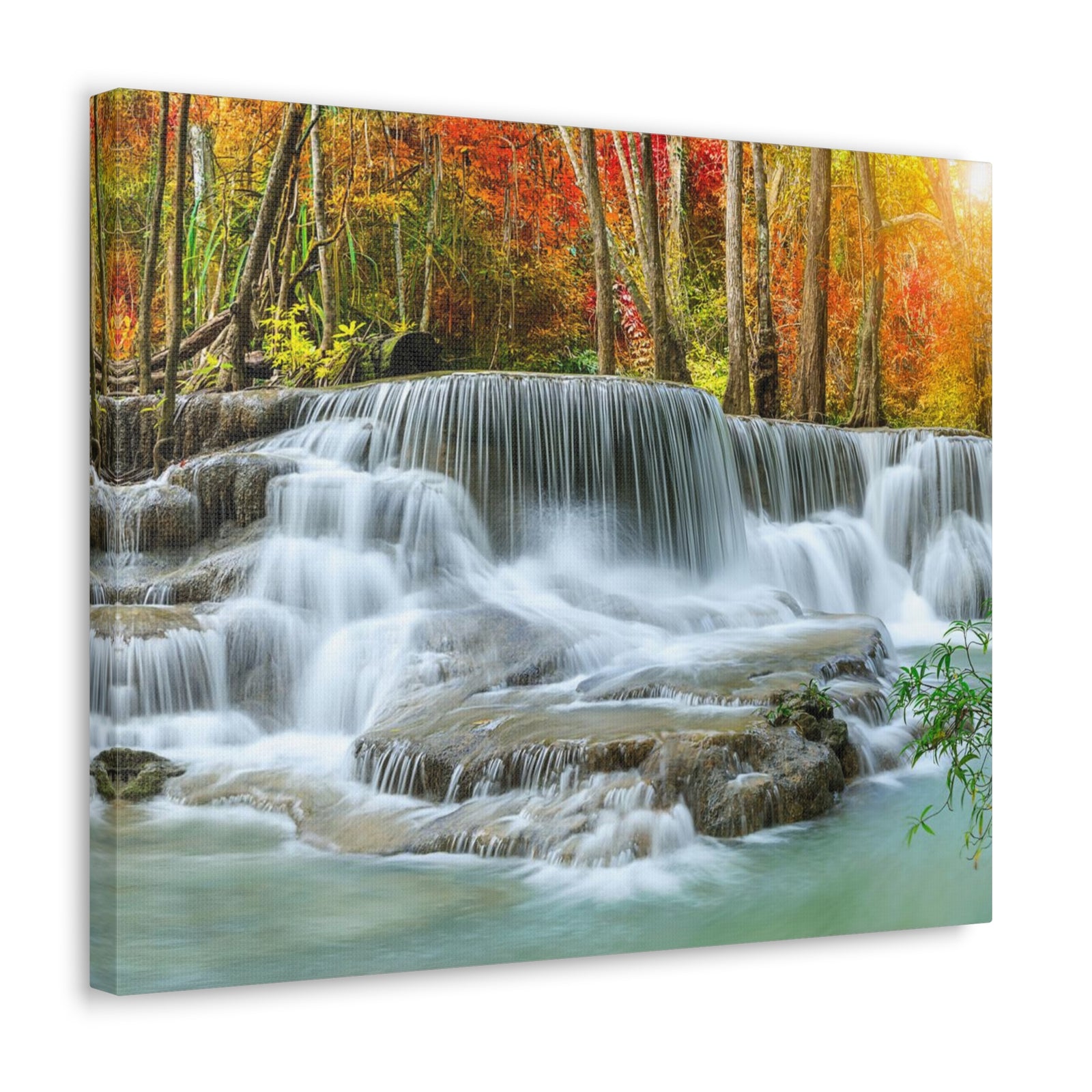 Cascading Autumn Forest Waterfall Nature Wilderness Photography Canvas Wall Art for Home Decor Ready-to-Hang-Express Your Love Gifts