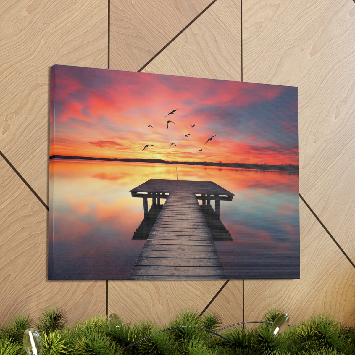 Wooden Bridge Lake View Dawn Nature Wilderness Photography Canvas Wall Art for Home Decor Ready-to-Hang-Express Your Love Gifts