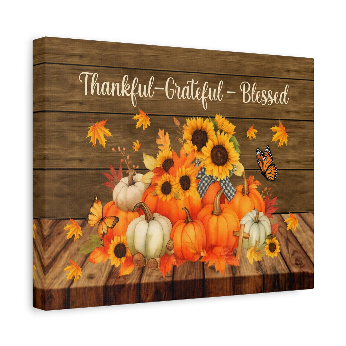 Thankful Grateful Blessed Pumpkin Canvas Wall Art – Rustic Autumn Decor-Express Your Love Gifts