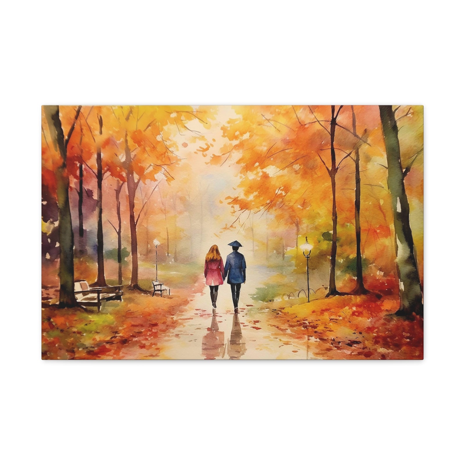 Couple Holding Hands Walking Natural Landscape Watercolor Painting Canvas Wall Art for Home Decor Ready-to-Hang-Express Your Love Gifts