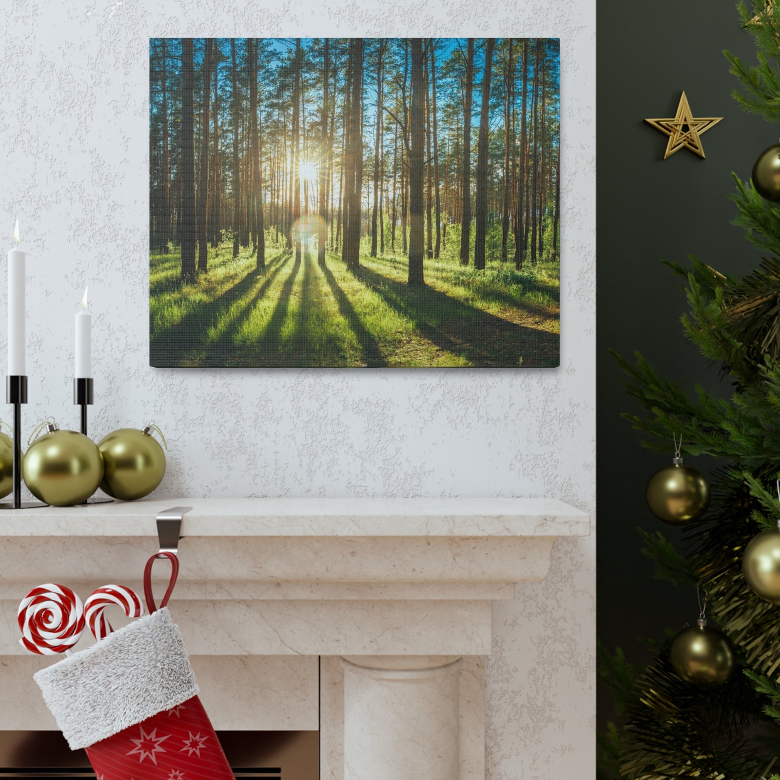 Forest Green Sunrise Nature Wilderness Photography Canvas Wall Art for Home Decor Ready-to-Hang-Express Your Love Gifts