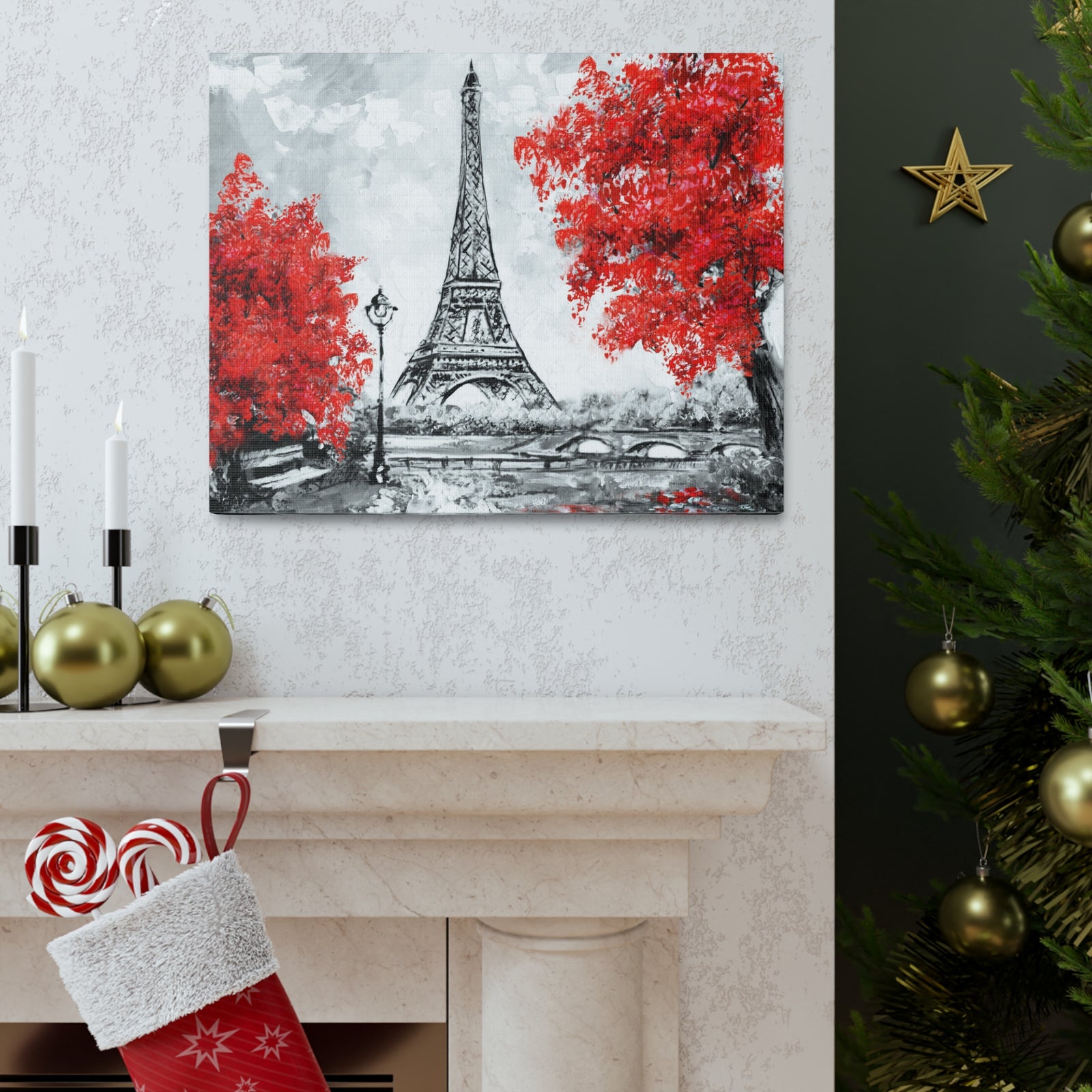 Paris Red Tree Eiffel Tower France Canvas Artwork High-Quality Breathtaking French City for Home Decor Ready to Hang-Express Your Love Gifts