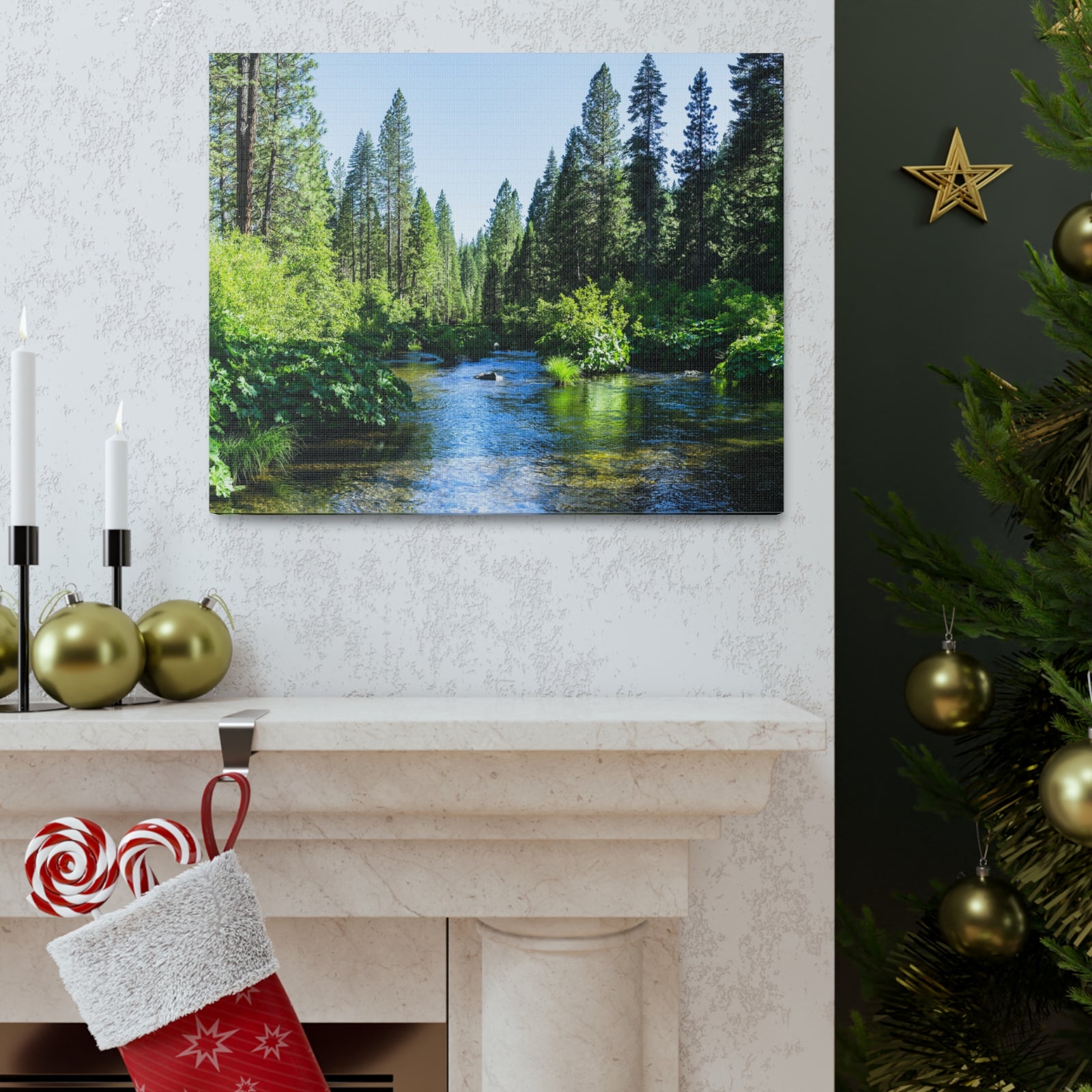 River Through The Green Forest Nature Wilderness Photography Canvas Wall Art for Home Decor Ready-to-Hang-Express Your Love Gifts