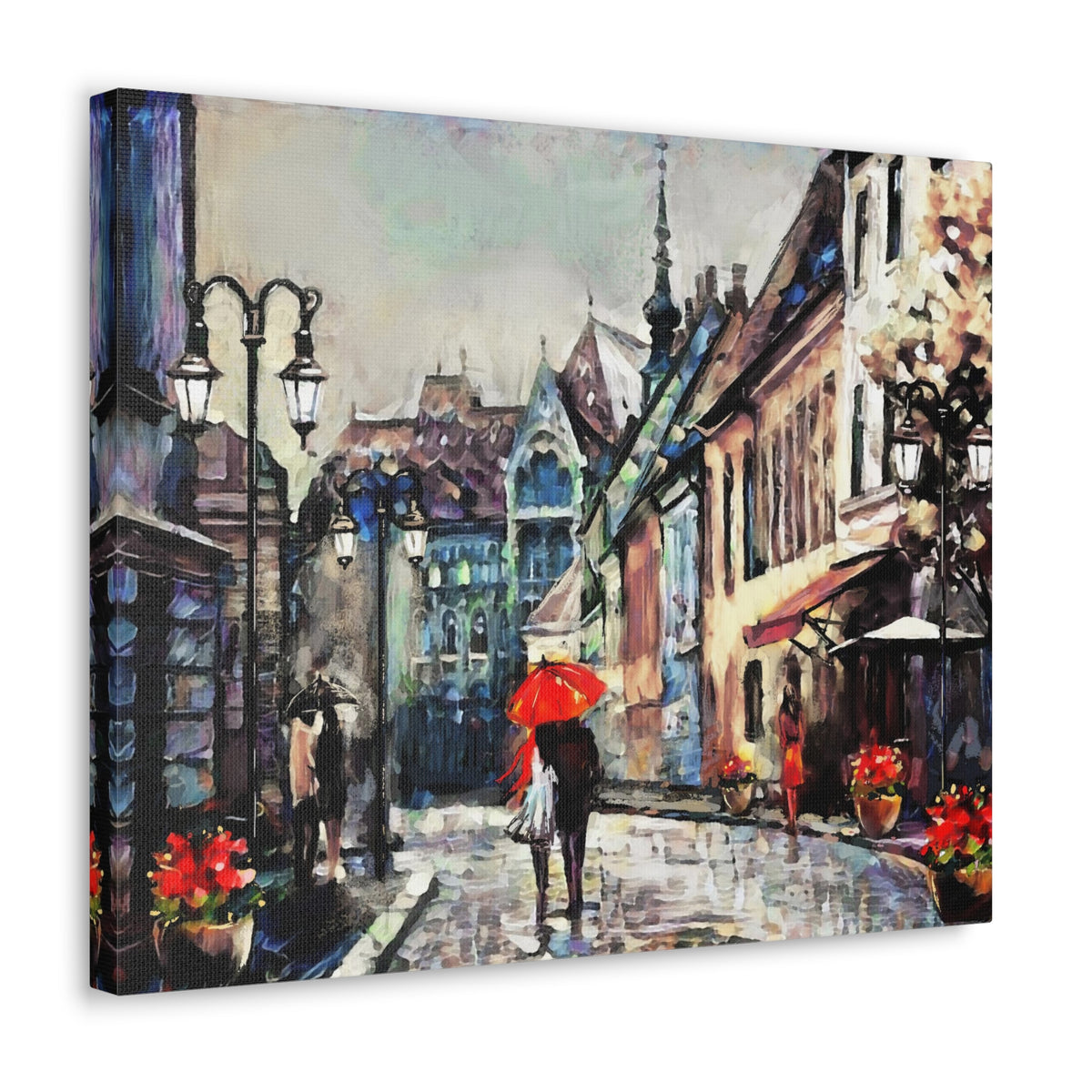 Paris Street View Couple With Red Umbrella France Canvas Artwork High-Quality Breathtaking French City for Home Decor Ready to Hang-Express Your Love Gifts