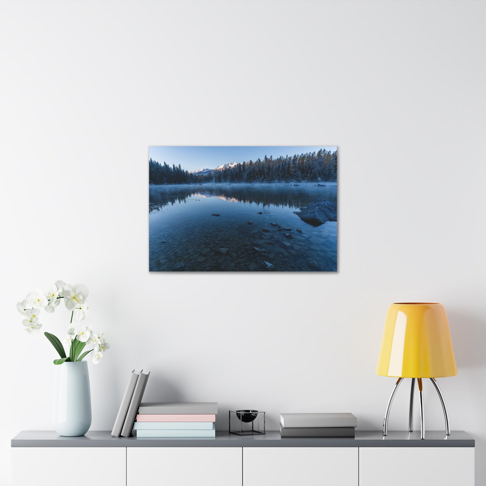 Clear Winter Lake Pine Tree Mountain Nature Wilderness Photography Canvas Wall Art for Home Decor Ready-to-Hang-Express Your Love Gifts