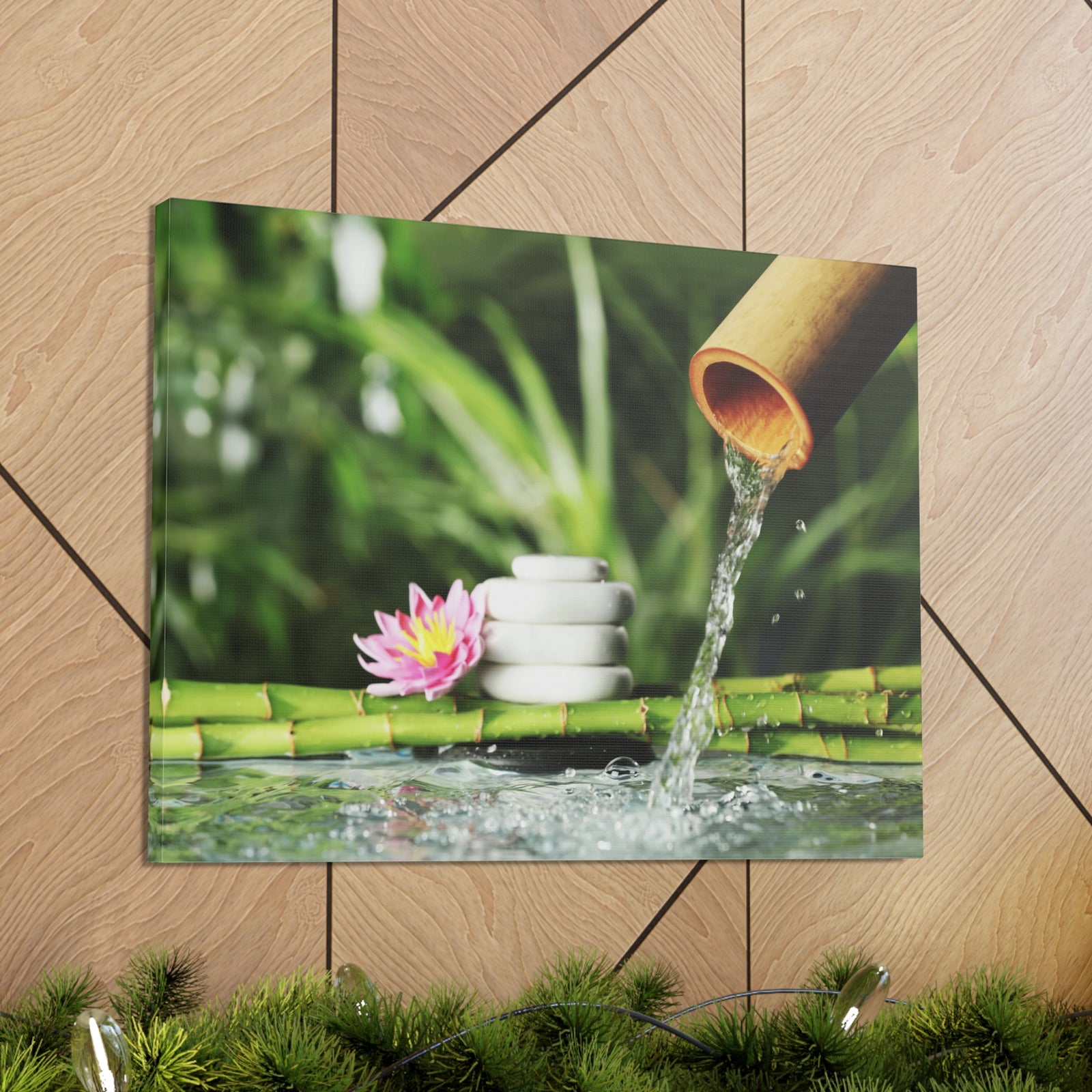 Flower and Bamboo Fountain Forest Floral Nature Photography Canvas Wall Art for Home Decor Ready-to-Hang-Express Your Love Gifts