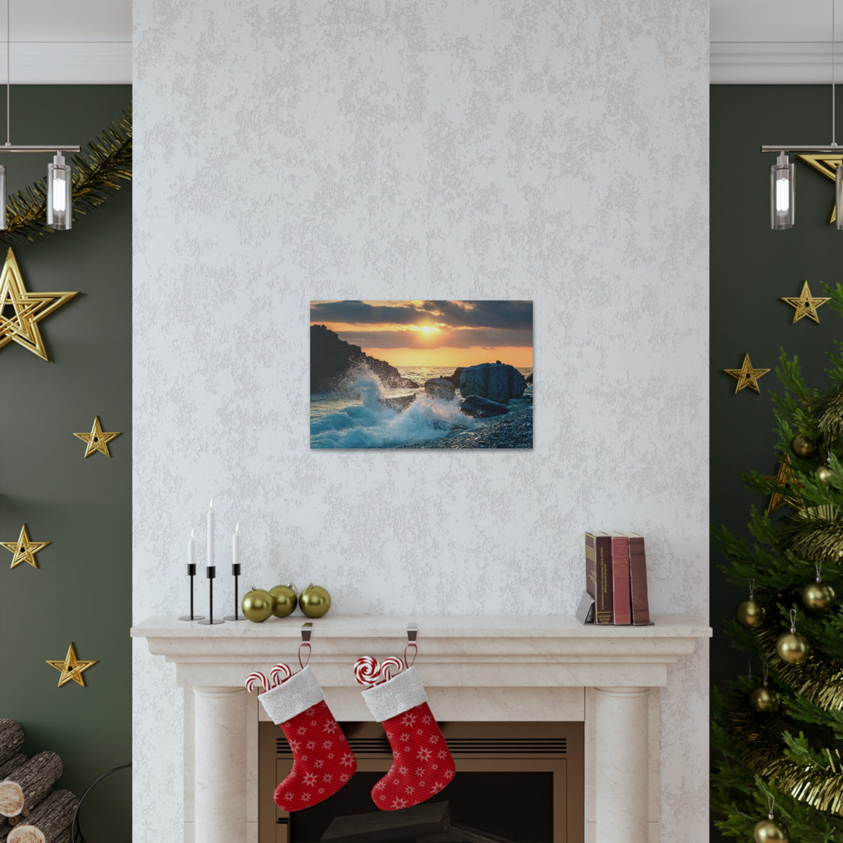 Sea Ocean Wave Hit Rock Beach Sunset Seascape Ocean Canvas Wall Art for Home Decor Ready-to-Hang-Express Your Love Gifts