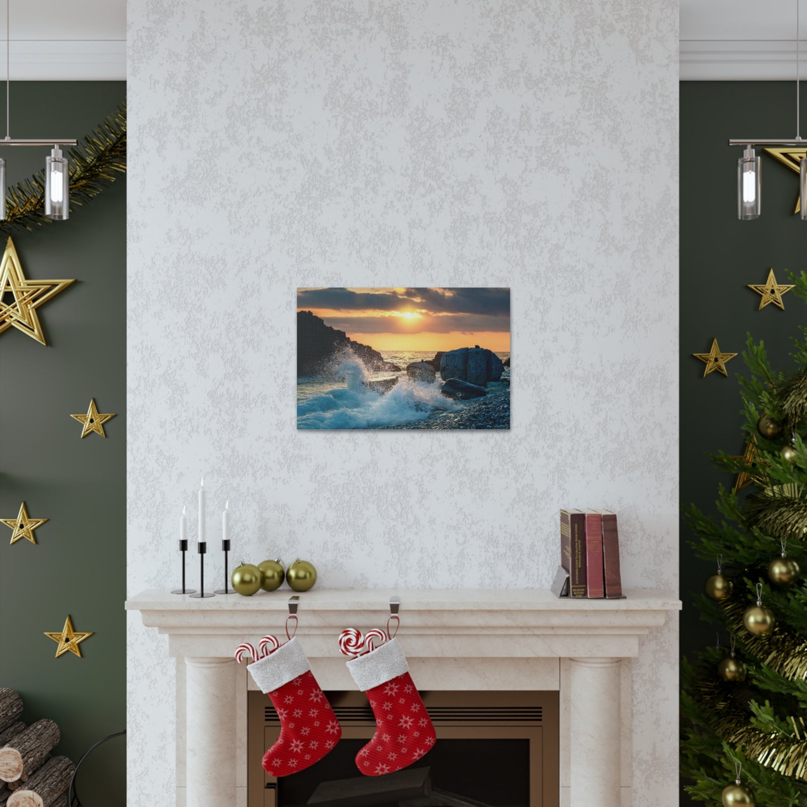 Sea Ocean Wave Hit Rock Beach Sunset Seascape Ocean Canvas Wall Art for Home Decor Ready-to-Hang-Express Your Love Gifts