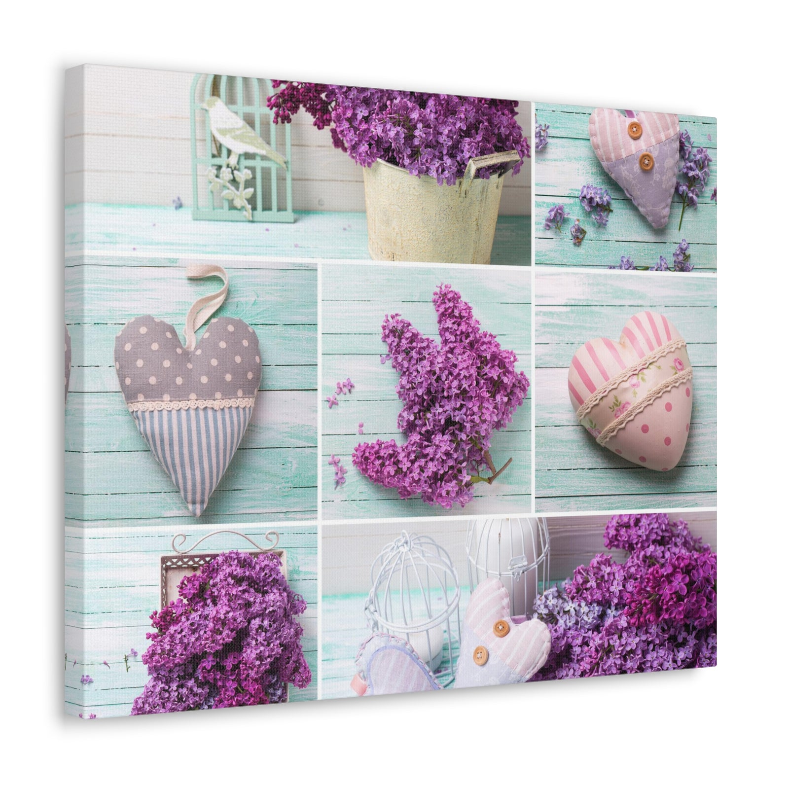 Lilac Flowers Decorative Hearts Collage On Wooden Plank Canvas Wall Art for Home Decor Ready-to-Hang-Express Your Love Gifts
