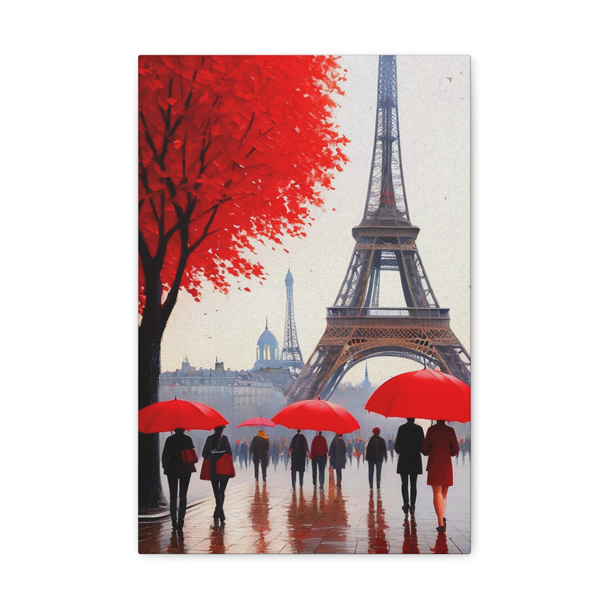 Paris Eiffel Tower Crowd With Red Umbrella France Canvas Artwork High-Quality Breathtaking French City for Home Decor Ready to Hang-Express Your Love Gifts
