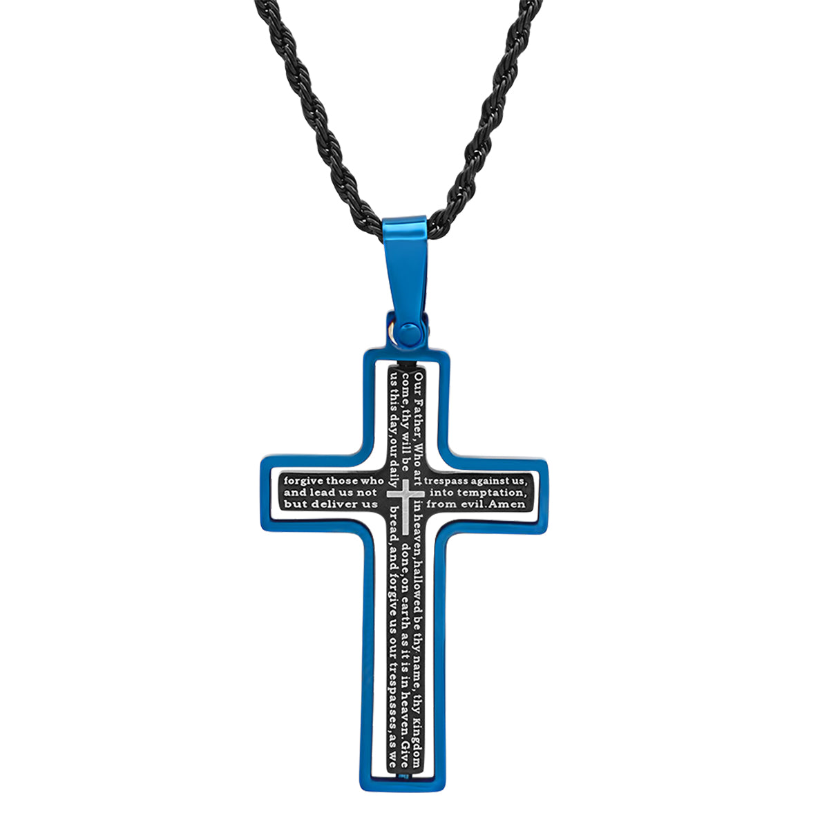 Our Father 24" Spinning Cross Men's Necklace Blue & Black IP Stainless Steel-Express Your Love Gifts