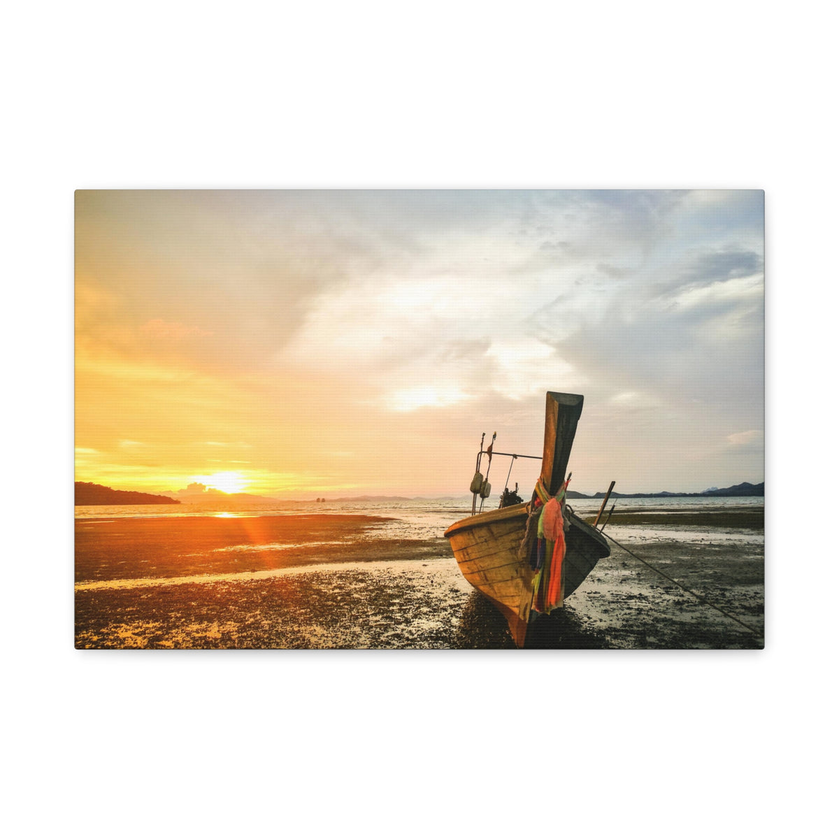 Longtail Boat Sunset Time Ocean Canvas Wall Art for Home Decor Ready-to-Hang-Express Your Love Gifts