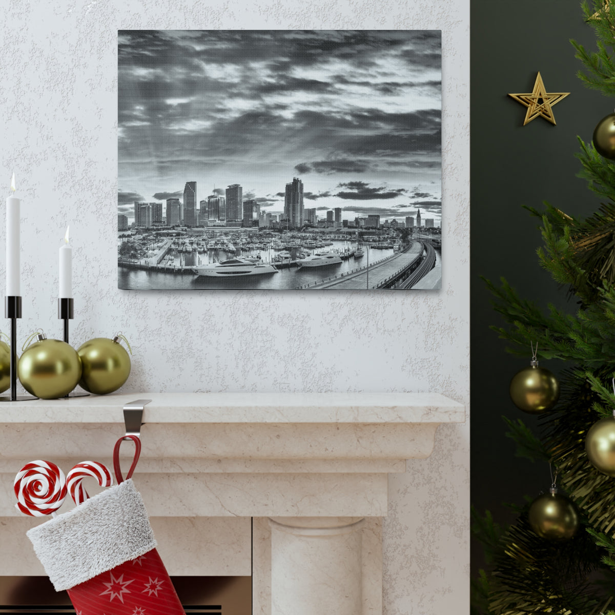 Miami Black And White Skyline Canvas Artwork High-Quality Breathtaking Stunning Cityscape for Home Decor Ready to Hang-Express Your Love Gifts