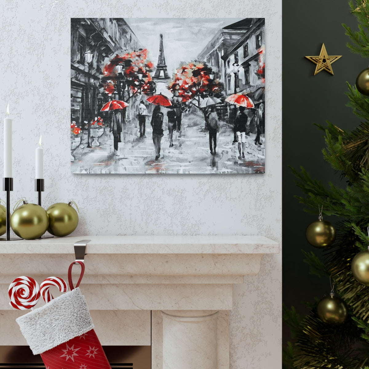 Eiffel Tower Street View Umbrella Paris France Canvas Artwork High-Quality Breathtaking French City for Home Decor Ready to Hang-Express Your Love Gifts