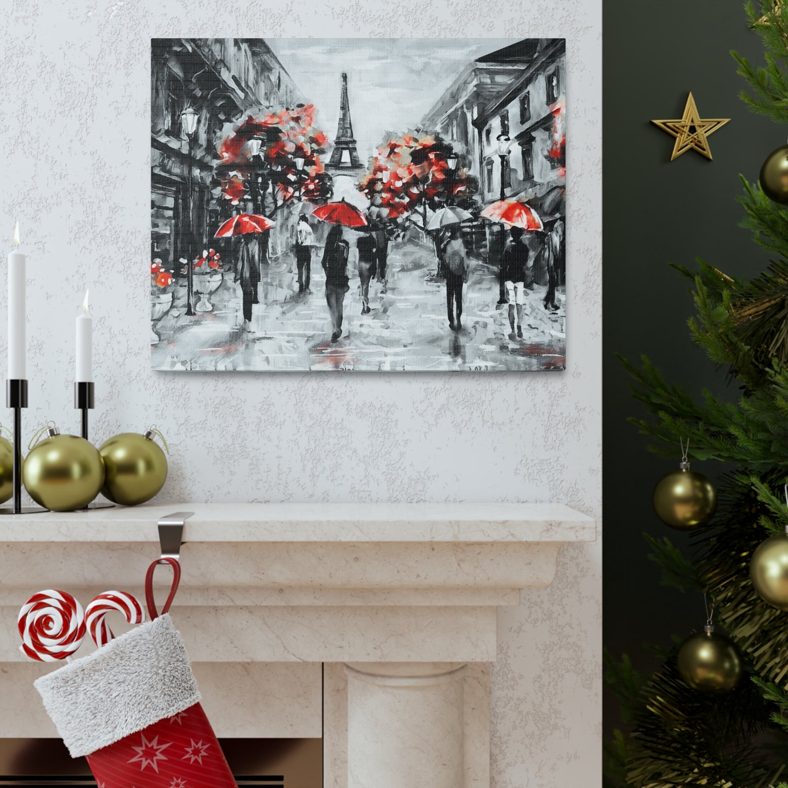 Eiffel Tower Street View Umbrella Paris France Canvas Artwork High-Quality Breathtaking French City for Home Decor Ready to Hang-Express Your Love Gifts