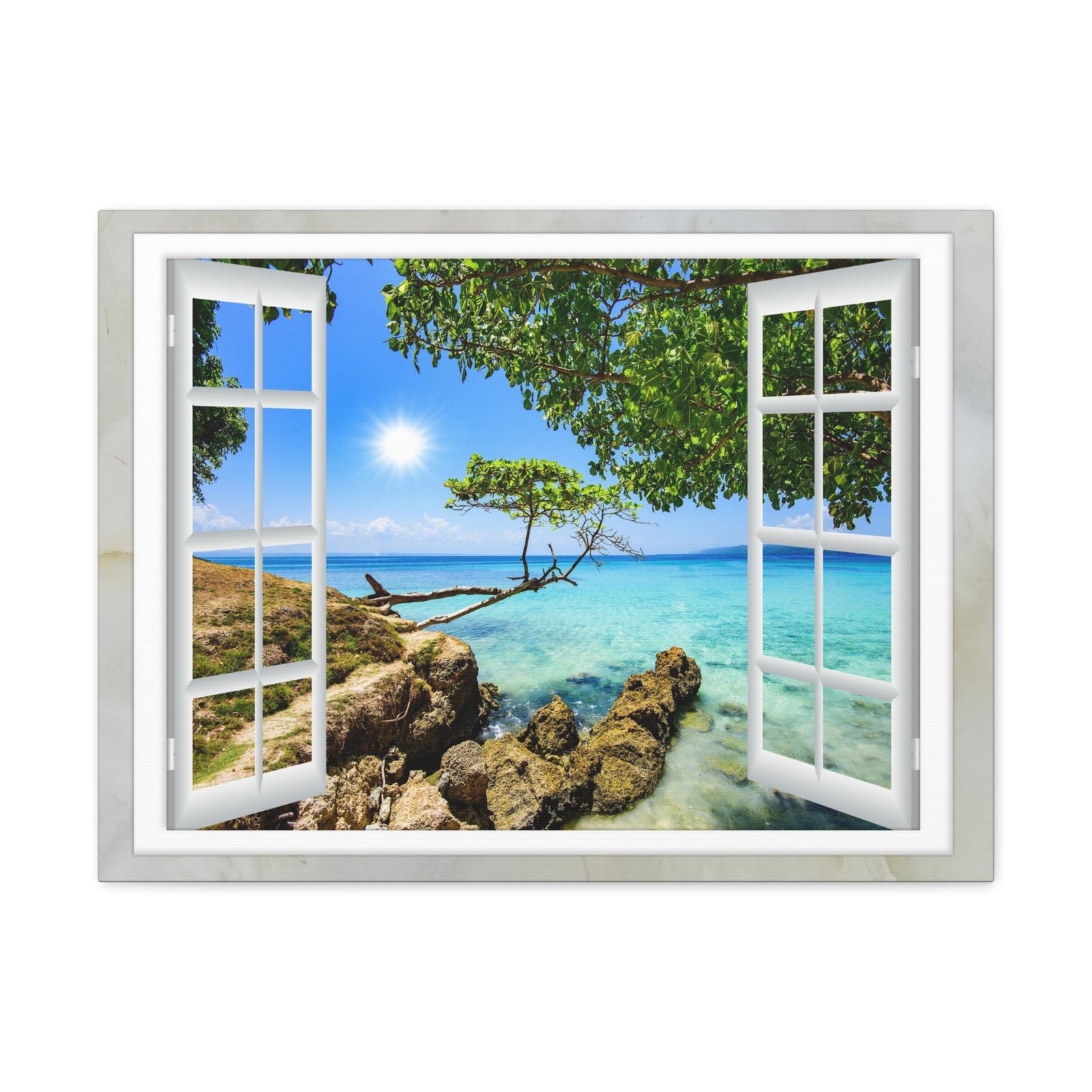 Canvas Print Wall Art Window Rock Beach View Nature Photography Realism Scenic Landscape Colorful Multicolor for Home Decor Ready to Hang-Express Your Love Gifts