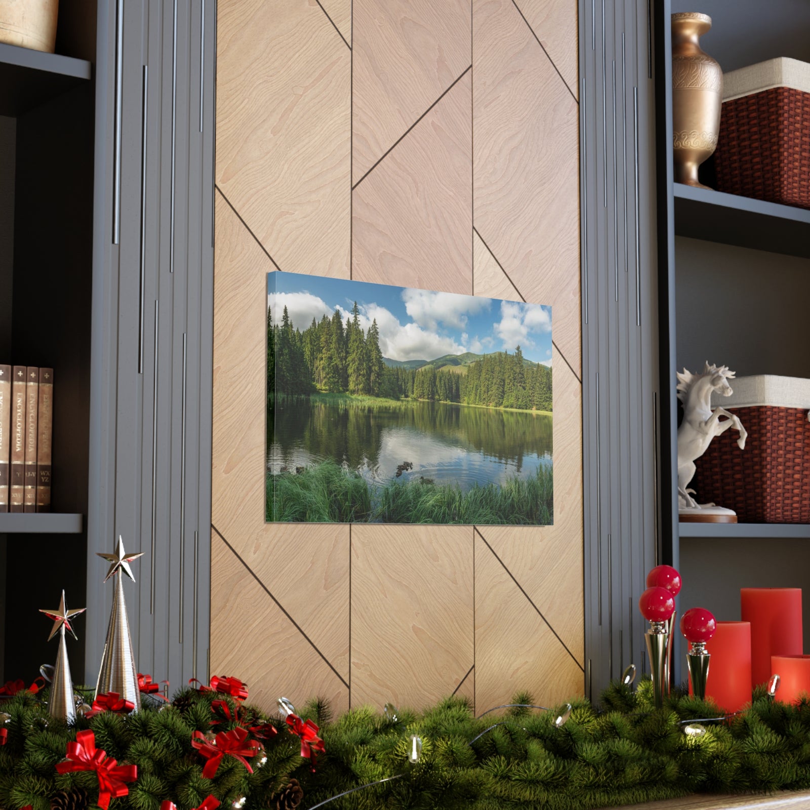 Lake Reflection Green Forest Nature Wilderness Photography Canvas Wall Art for Home Decor Ready-to-Hang-Express Your Love Gifts