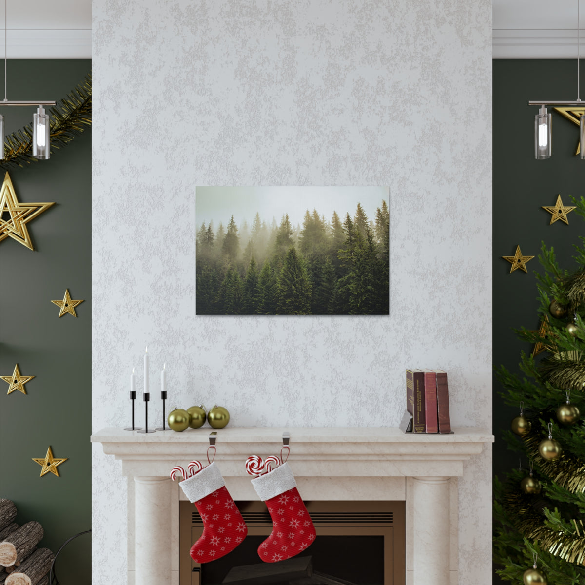 Misty Pine Tree Forest Nature Wilderness Photography Canvas Wall Art for Home Decor Ready-to-Hang-Express Your Love Gifts