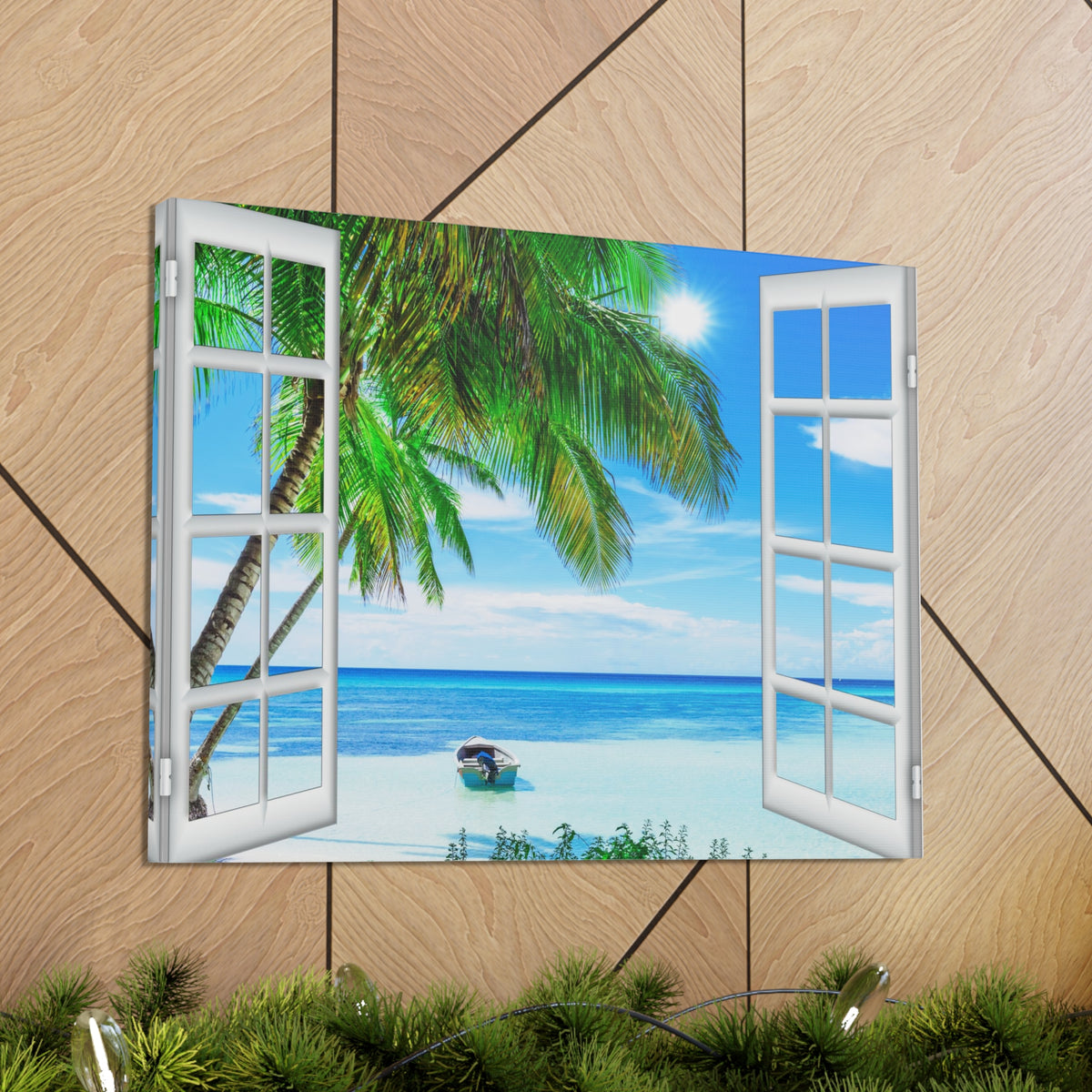 Canvas Print Wall Art Window Beach Coconut View Nature Photography Realism Scenic Landscape Colorful Multicolor for Home Decor Ready to Hang-Express Your Love Gifts