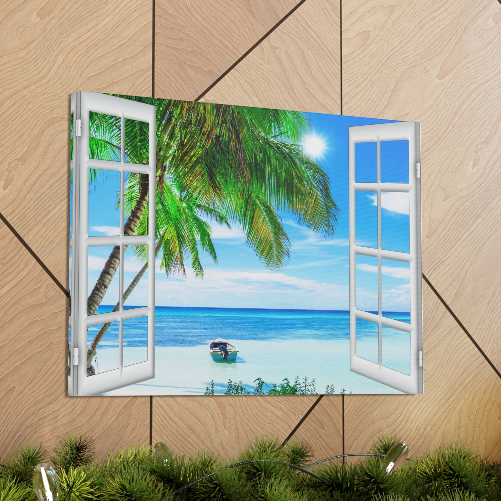 Canvas Print Wall Art Window Beach Coconut View Nature Photography Realism Scenic Landscape Colorful Multicolor for Home Decor Ready to Hang-Express Your Love Gifts
