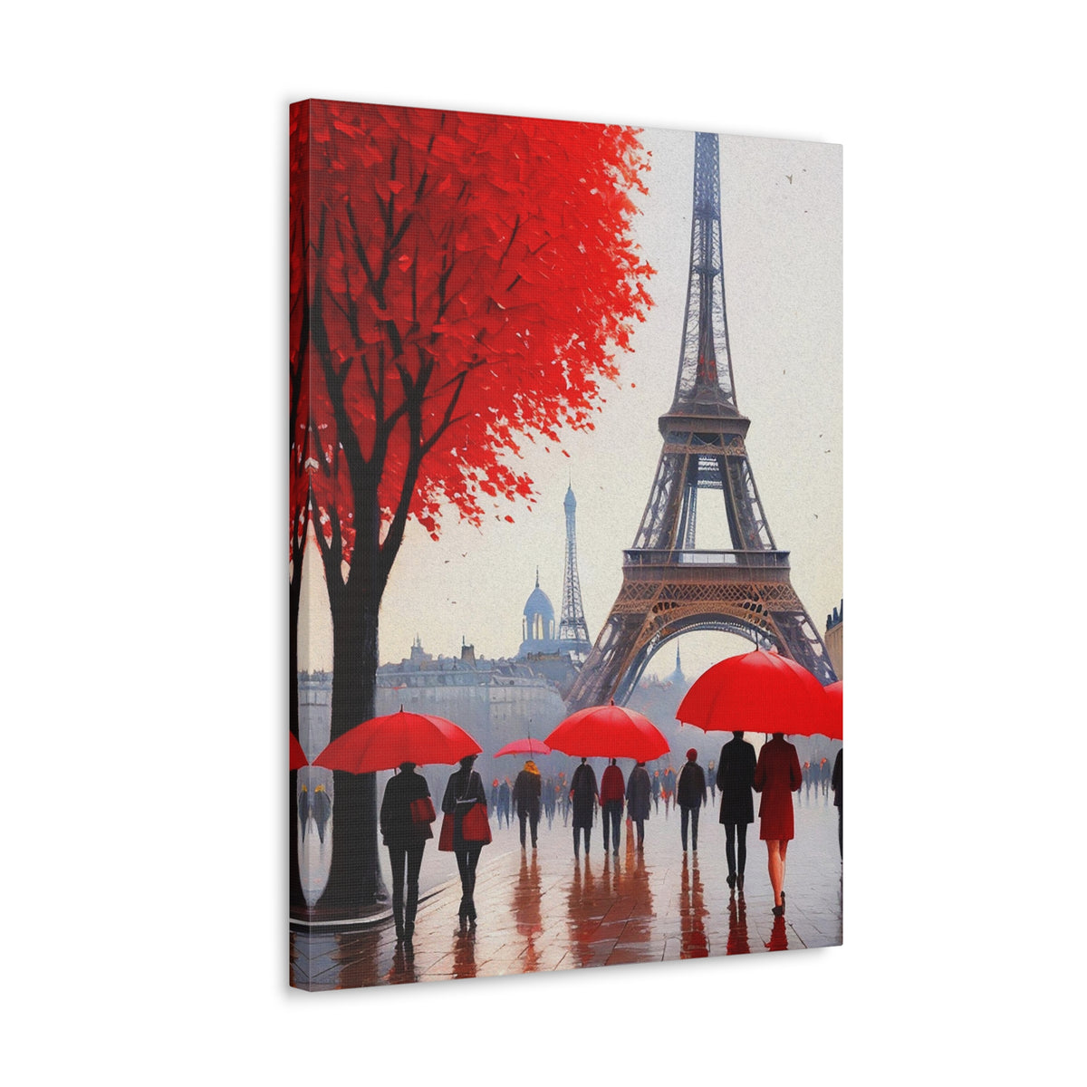Paris Eiffel Tower Crowd With Red Umbrella France Canvas Artwork High-Quality Breathtaking French City for Home Decor Ready to Hang-Express Your Love Gifts