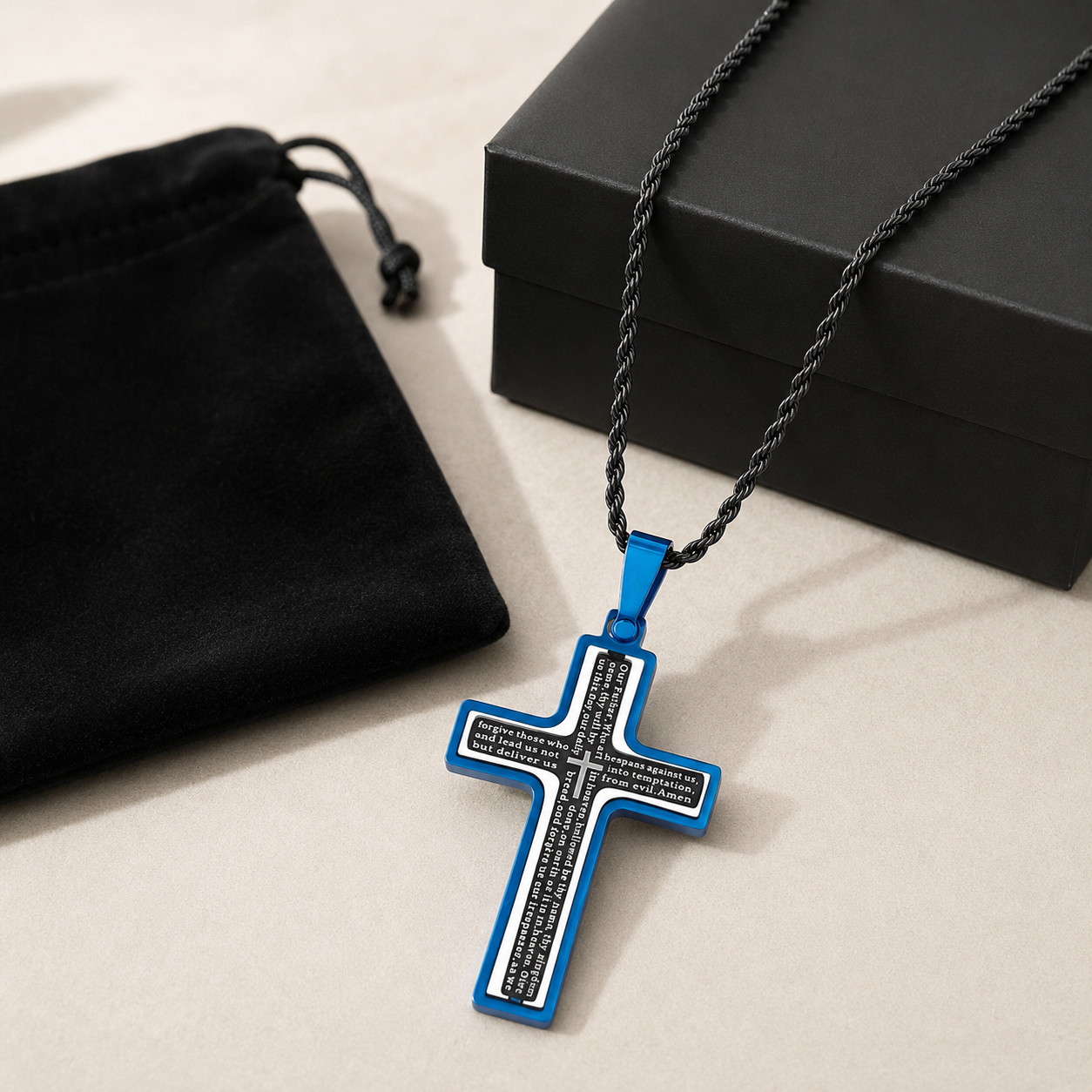 Our Father Spinning Cross Men's Necklace Blue & Black IP Stainless Steel 24"-Express Your Love Gifts
