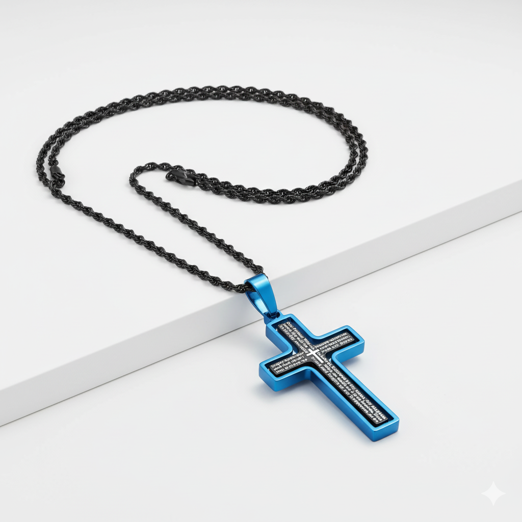 Our Father Spinning Cross Men's Necklace Blue & Black IP Stainless Steel 24"-Express Your Love Gifts