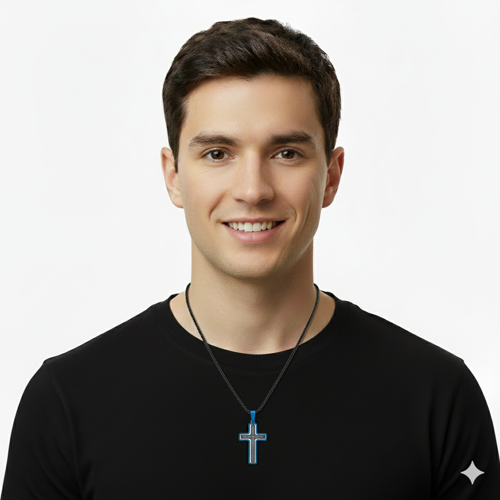 Our Father Spinning Cross Men's Necklace Blue & Black IP Stainless Steel 24"-Express Your Love Gifts