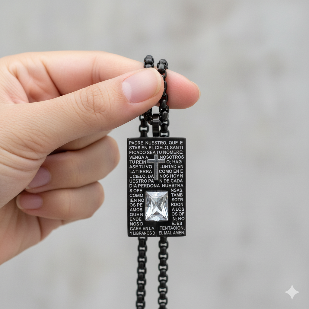 Padre Nuestro Our Father Dog Tag Necklace 18K Gold Black IP 24" Stainless Steel-Express Your Love Gifts