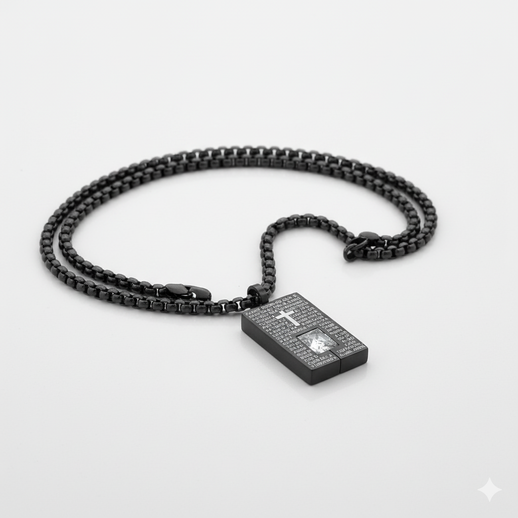 Padre Nuestro Our Father Dog Tag Necklace 18K Gold Black IP 24" Stainless Steel-Express Your Love Gifts
