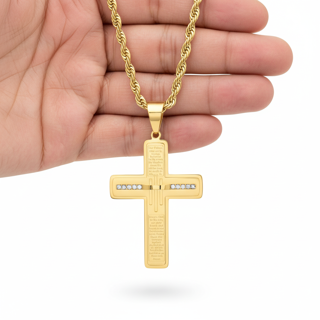 Lords Prayer Men's Cross Pendant 18K Gold Plated 24" Chain-Express Your Love Gifts