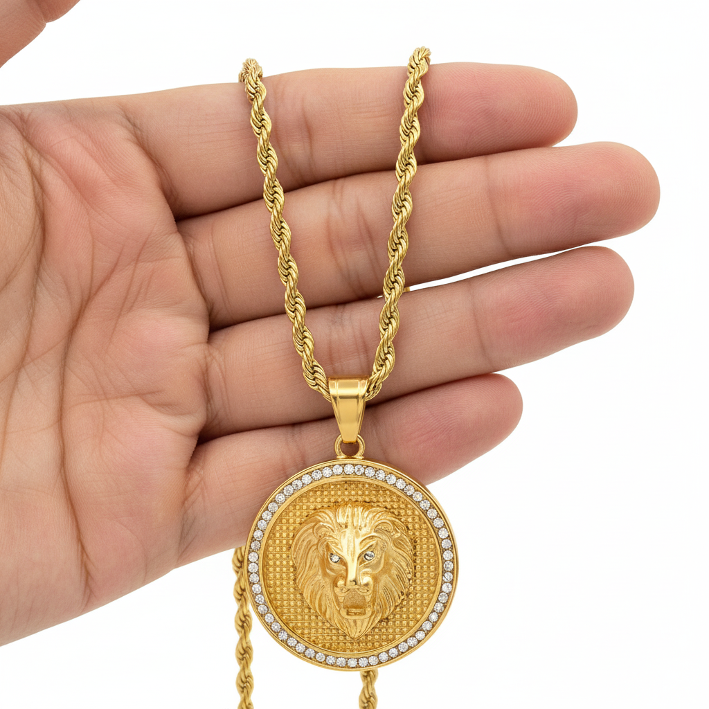 Lion Head Men's 18K Gold Plated Pendant Diamond-Accented 24" Chain-Express Your Love Gifts