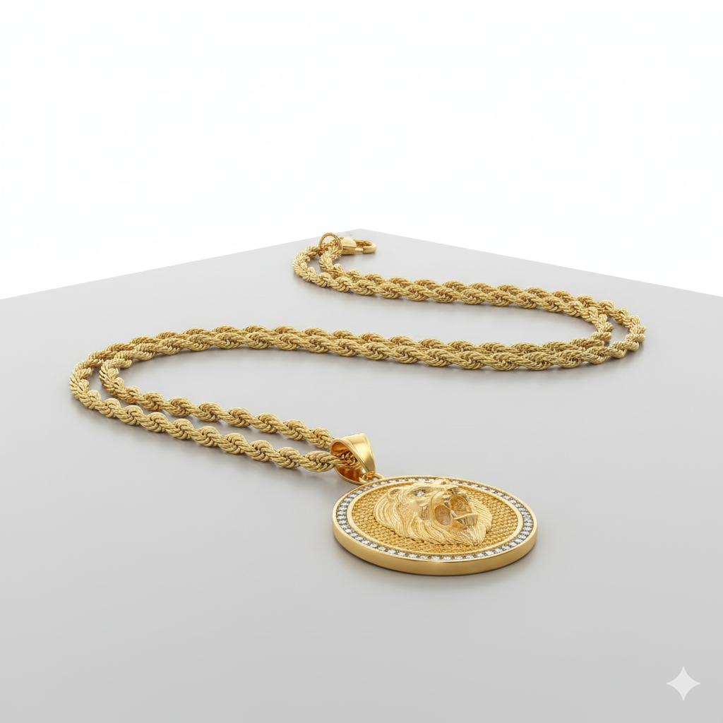 Lion Head Men's 18K Gold Plated Pendant Diamond-Accented 24" Chain-Express Your Love Gifts