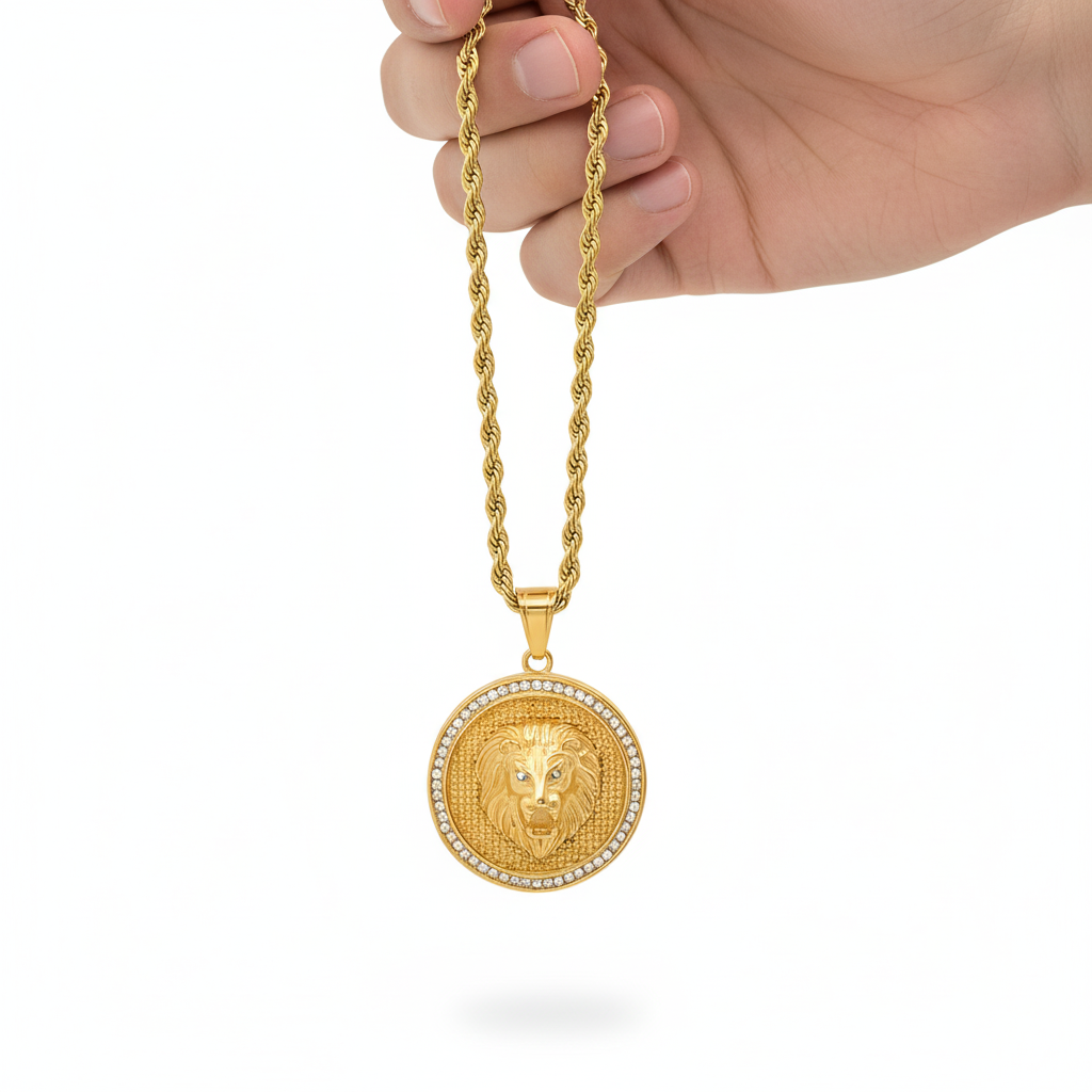 Lion Head Men's 18K Gold Plated Pendant Diamond-Accented 24" Chain-Express Your Love Gifts
