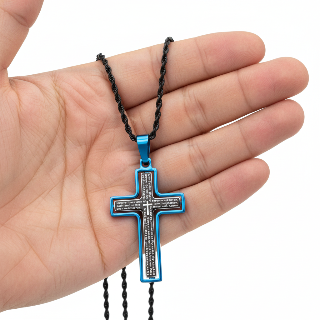 Our Father Spinning Cross Men's Necklace Blue & Black IP Stainless Steel 24"-Express Your Love Gifts