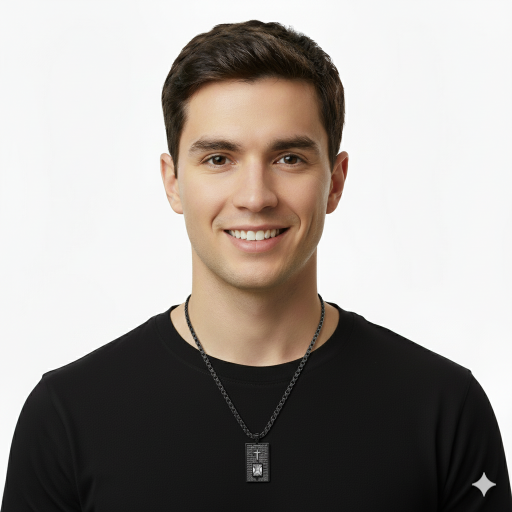 Padre Nuestro Our Father Dog Tag Necklace 18K Gold Black IP 24" Stainless Steel-Express Your Love Gifts