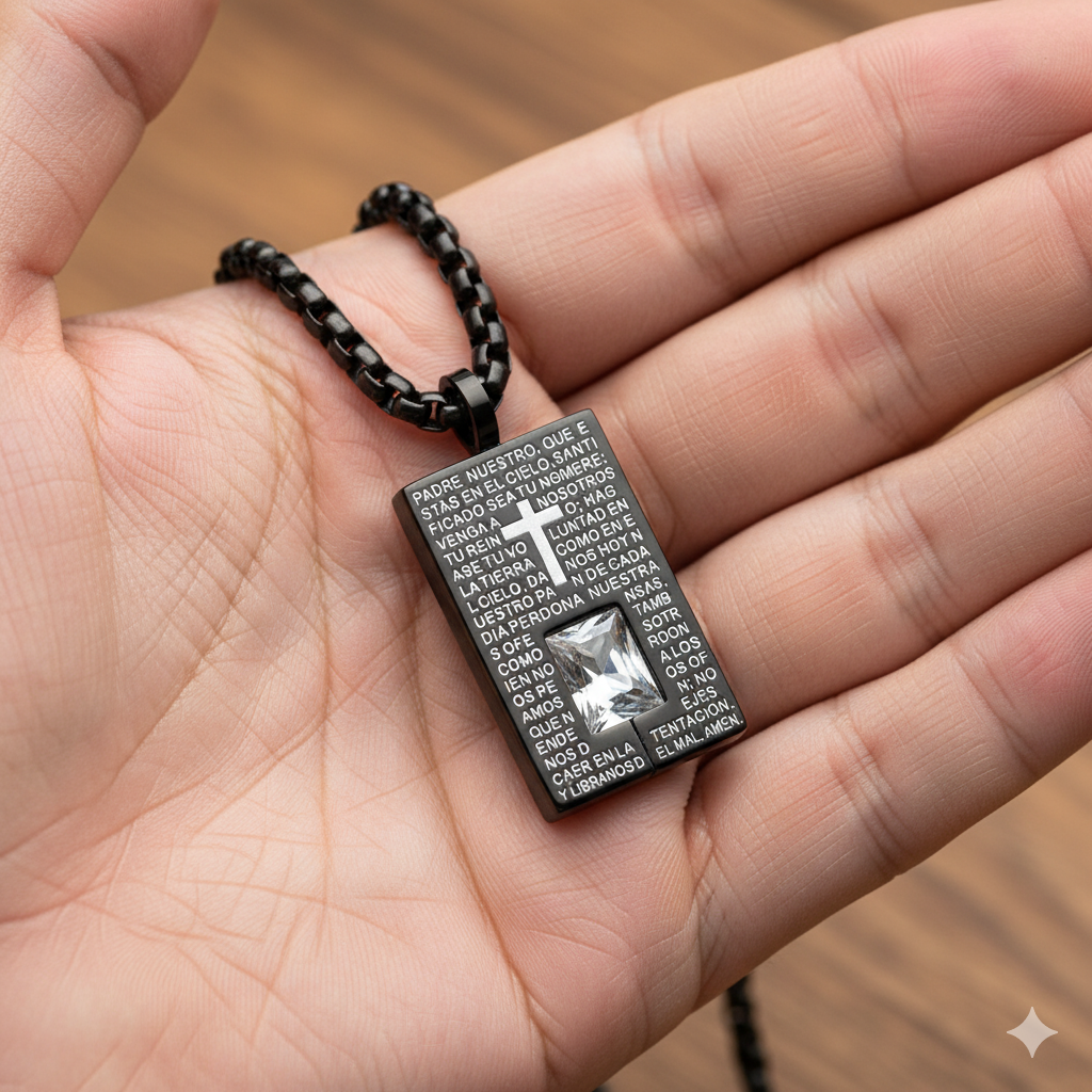 Padre Nuestro Our Father Dog Tag Necklace 18K Gold Black IP 24" Stainless Steel-Express Your Love Gifts
