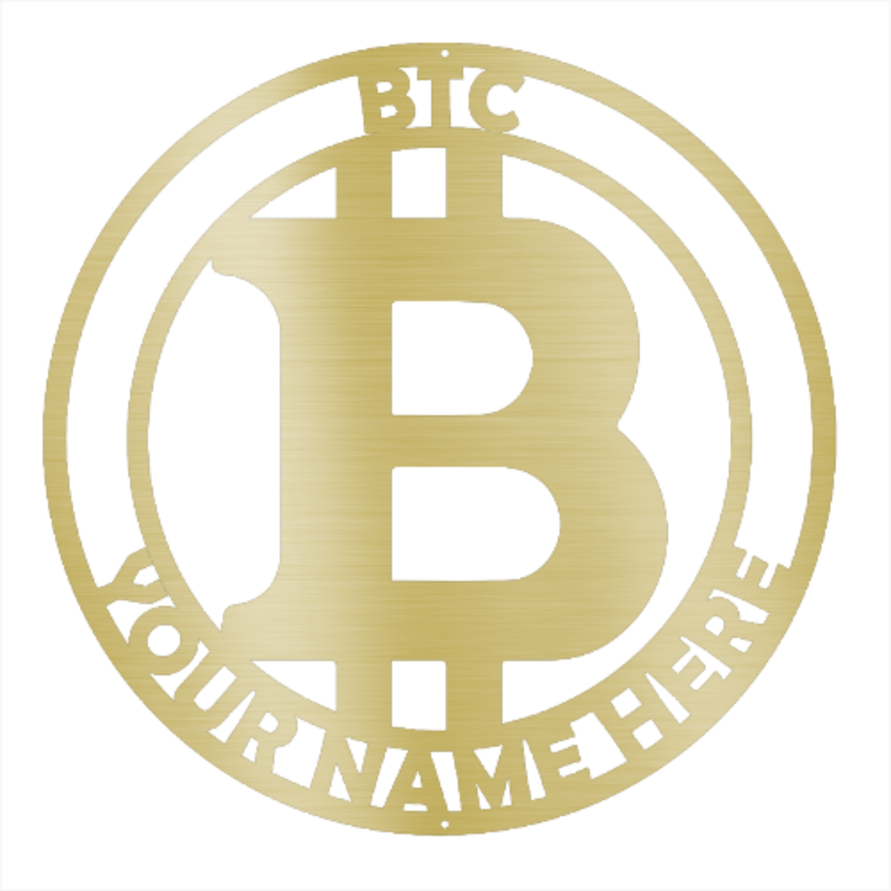 Customizable Gold powder-coated Bitcoin steel wall sign hanging on office wall