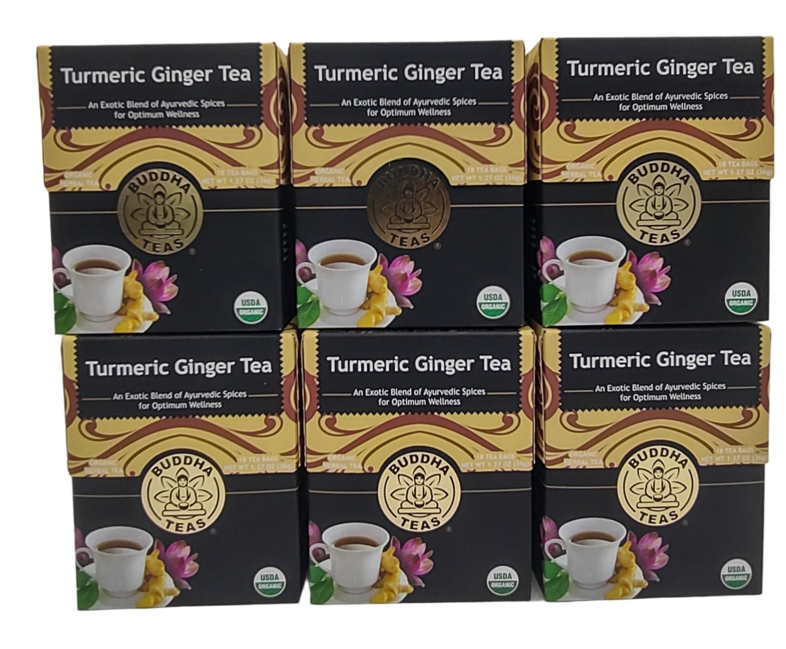 Buddha Teas Organic Turmeric Ginger Tea, USDA Organic, Kosher, 18 Bleach-Free Tea Bags (Pack of 6)-Express Your Love Gifts