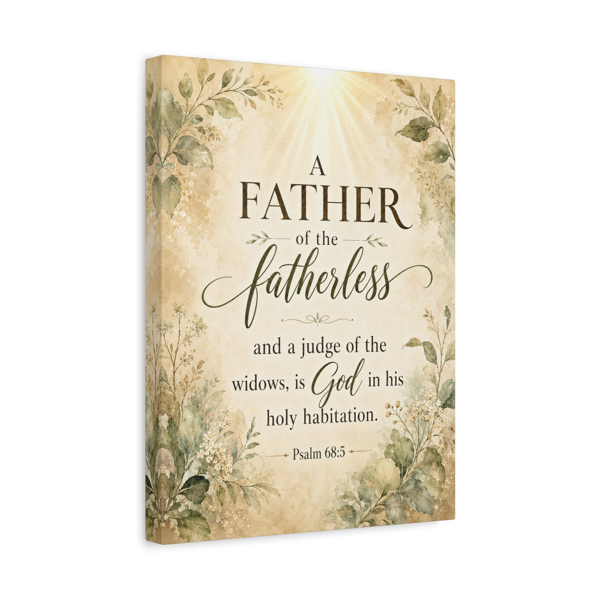 A vertical canvas wall art print featuring a Bible verse from Psalm 68:5, 'A Father of the fatherless and a judge of the widows, is God in his holy habitation.' The text is printed in dark brown and black script on a warm beige background with a sunburst at the top and watercolor-style botanical illustrations in muted green and beige along the sides.