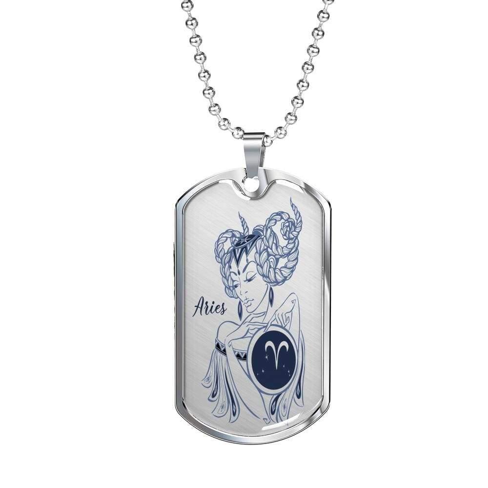 Aries Constellation Horoscope Zodiac Necklace Dog Tag Stainless Steel or 18k Gold 24" Chain - Express Your Love Gifts