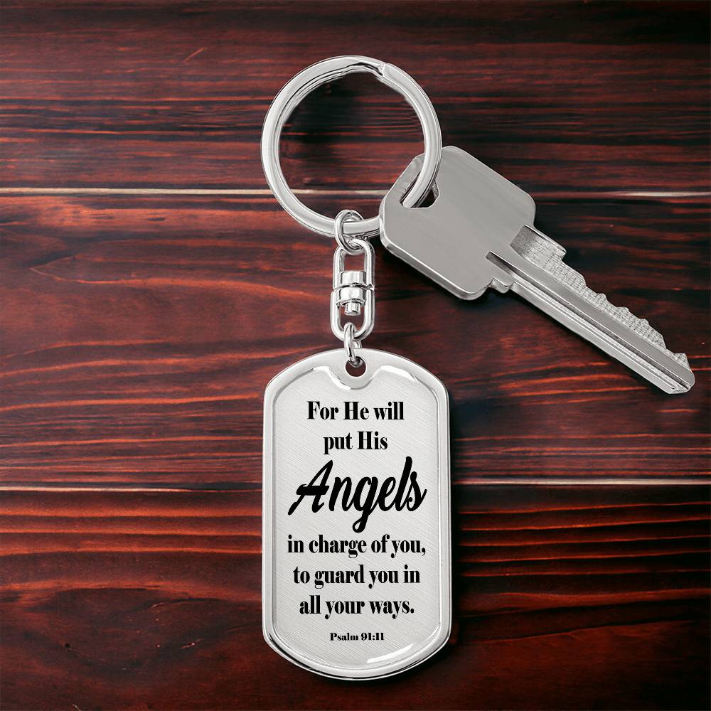 Angels Protect Psalm 91:11 Swivel Keychain Stainless Steel or 18k Gold Dog Tag-Express Your Love Gifts