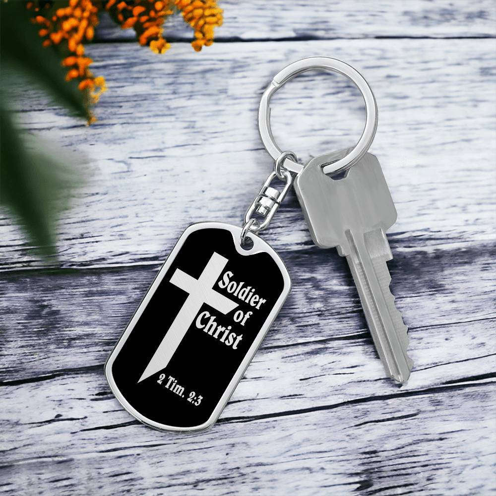 Soldier of Christ 2 Tim 2:3 Bible Keychain Stainless Steel or 18k Gold Dog Tag-Express Your Love Gifts