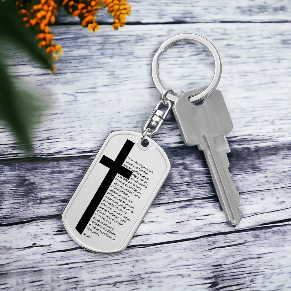 Lord's Prayer French Notre Père Bible Keychain Stainless Steel or 18k Gold Dog Tag-Express Your Love Gifts