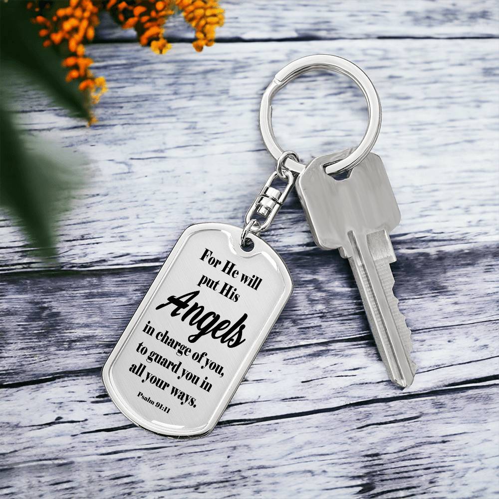 Angels Protect Psalm 91:11 Swivel Keychain Stainless Steel or 18k Gold Dog Tag-Express Your Love Gifts