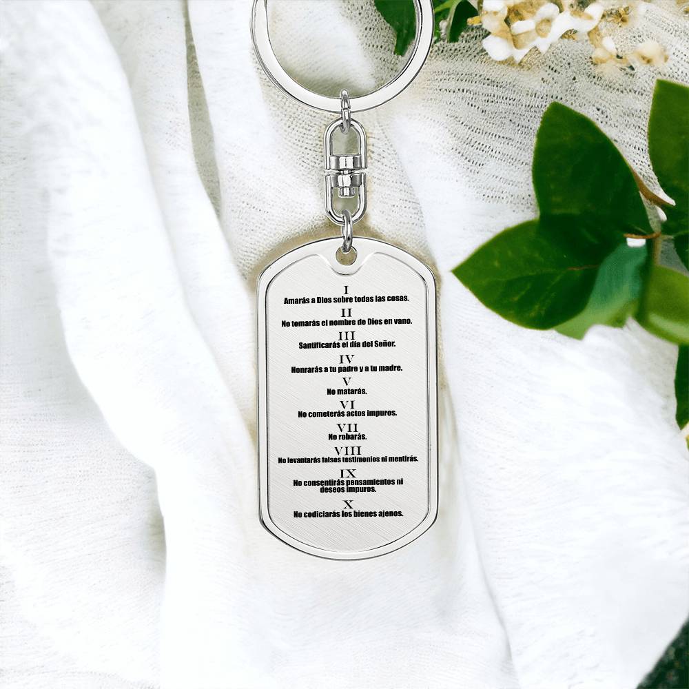 Ten Commandments Spanish Diez Mandamientos Bible Keychain Stainless Steel or 18k Gold Dog Tag-Express Your Love Gifts